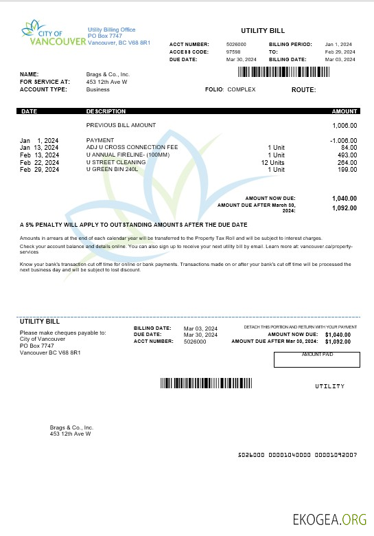 Canada Colombie Britannique Ville de Vancouver facture de services publics